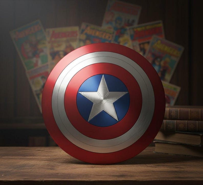 May include: A Captain America shield, featuring a red, white, and blue color scheme. The shield has a central blue circle with a white star, surrounded by silver and red concentric rings. Comic books are in the background.