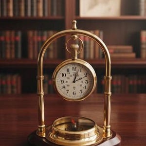 May include: A vintage brass desk clock with a compass base. The clock has a white face with black numerals and hands. The clock is suspended within a brass arch and sits on a dark wooden base. The background features a bookshelf.