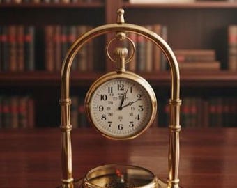 Antique Brass Desk Clock with Compass, Vintage Study Decor