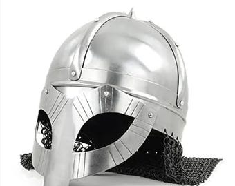 Medieval Silver Steel Helmet: Chain Mail & Leather Liner, Wearable Armor