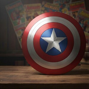 May include: A Captain America shield, featuring a red, white, and blue color scheme with a central white star on a blue circle. The shield is round with concentric rings of red, silver, and red. Comic books are in the background.
