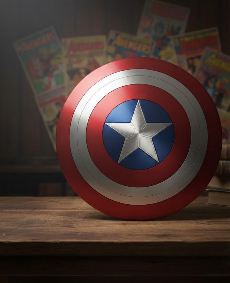 May include: A Captain America shield, featuring a red, white, and blue color scheme with a central white star on a blue circle. The shield is round with concentric rings of red, silver, and red. Comic books are in the background.