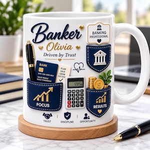 May include: A white ceramic mug featuring the text Banker Olivia Driven by Trust. It includes 3D-style graphics of a pen, bank card, calculator, coins, and plant. Two blue pockets are labelled Focus and Results. Icons represent Trust, Discipline, and Opportunity.