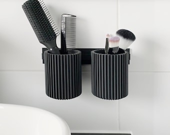 Multi-purpose organizer for beauty and care products, toothbrushes – drill-free installation | clipform-Cup-L-Set – guide rail, 2 utensil cups