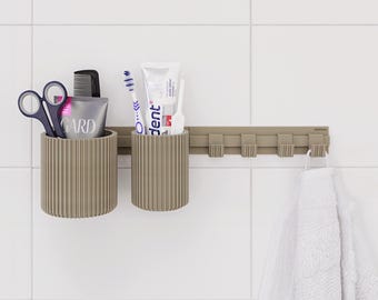 Bathroom Organizer | Modular & Flexible | No Drilling Required | Bathroom Organization | 2 Rails, 2 Cups, 4 Towel Hooks