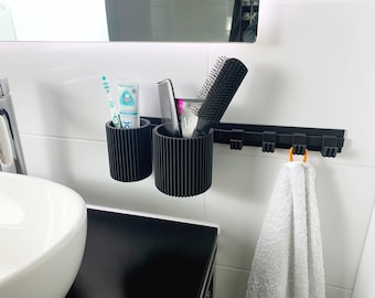Bathroom Organizer | Modular & Flexible | No Drilling Required | Bathroom Organization | 2 Rails, 2 Cups, 4 Towel Hooks