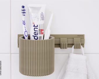 Multi-purpose bathroom organizer for bathroom & toilet – installation without drilling | clipform-Flex set with guide rail, large utensil holder + 2 hooks