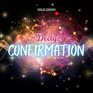 以下が含まれることがあります： 「Deity Confirmation」の文字がスタイリッシュなフォントで描かれた抽象的なデジタルアート。背景は、オレンジ、紫、青の渦巻く色と、きらめく光の効果が特徴です。「Song of Sunshine」の文字が上部にあります。