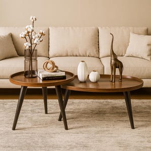 Mid Century Modern Nesting Coffee Tables Set | Oval Wood Tables with Black Legs | Retro Side Table Living Room Furniture