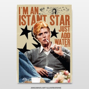 Op de afbeelding: Een vintage poster met een portret van een persoon met rood haar, die een sigaret vasthoudt. De poster heeft de tekst "I'M AN ISTANT STAR JUST ADD WATER AND STIR" in bruine letters, met zwarte stervormen. De onderkant van de poster luidt "JANUARIUS.ART ILLUSTRATIONS".
