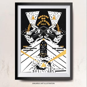 May include: A framed art print with a black border. The artwork features a black and white design with gold accents and the text "ANGINE DE POITRINE VOL2". The bottom of the print reads "JANUARIUS ART ILLUSTRATION".