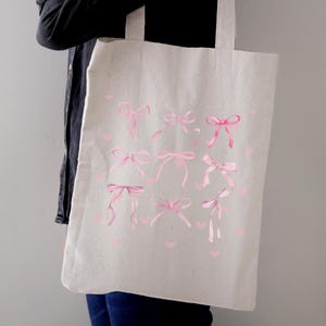 Charming Pink Ribbon Tote Bag for Girls Cute Pink Bow Print Tote Bag, Coquette Pink Bow, Trendy Pink Bow, Girly Tote