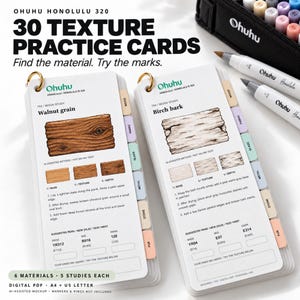 May include: Two Ohuhu Honolulu 320 texture practice cards bound by gold rings. The cards feature instructional guides for drawing walnut grain and birch bark, including color swatches, step-by-step techniques, and suggested marker codes.