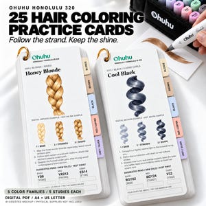 May include: Two Ohuhu Honolulu 320 hair coloring practice cards featuring Honey Blonde braid and Cool Black loose curls illustrations. Each card includes step-by-step coloring instructions, suggested pen color codes, and color family tabs.