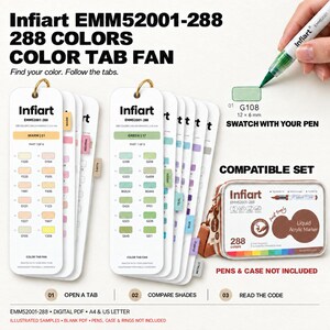 Tarjetas de muestras Infiart 288, tabla de colores de marcadores de pincel imprimible con pestañas para familias.
