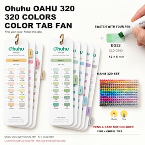 May include: Ohuhu OAHU 320 color tab fan set featuring white cards with printed color swatches, codes, and names. Includes a grid of 320 markers, a demonstration of a marker tip on a swatch, and labels for fine and chisel tips.