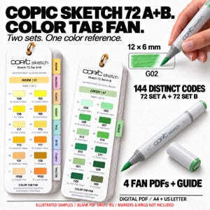 Copic Sketch 72 Set A+B Swatch Cards, Printable 144 Code Color Tab Fan PDF