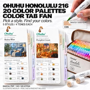 May include: Ohuhu Honolulu 216 color palette tab fan set featuring curated mood cards with color swatches, codes, and illustrations. Includes a carrying case filled with alcohol markers, individual marker pens, and color-coded tabs for organization.