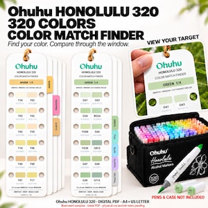 May include: Ohuhu Honolulu 320 Color Match Finder cards with color swatches and cut-out windows. Includes a black carrying case filled with markers and a single marker with a green tip. Text reads Ohuhu Honolulu 320 Color Match Finder.