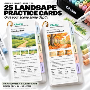 May include: Two Ohuhu Honolulu 320 landscape practice cards featuring printed tutorials for Meadow trail and Autumn woodland scenes. Each card includes step-by-step instructions, color suggestions, and labeled tabs for mountains, woodland, meadows, desert, and countryside.
