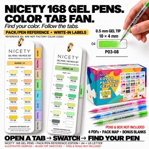 May include: Nicety 168 gel pens color tab fan set with white reference cards, labeled with color categories and ID codes. Includes a 0.5 mm gel tip sample, a colorful storage box illustration, and three sample pens in pink, blue, and green.