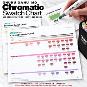 May include: A white Ohuhu Oahu 160 Chromatic Swatch Chart paper sheet featuring organized color grids for red, magenta, pink, and purple hues. The chart includes code labels for markers, and a white marker is shown coloring a green swatch.