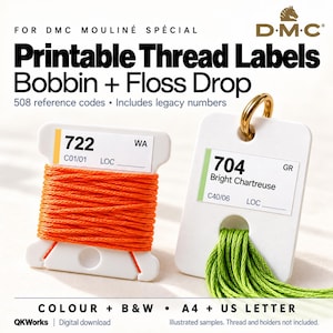 DMC刺繍糸ラベル（印刷可能なPDF）：ボビンと刺繍糸ドロップ用の508種類のコード