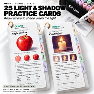 May include: Ohuhu Honolulu 320 light and shadow practice cards featuring instructional guides for drawing an apple and a candle. Each card includes step-by-step shading techniques, color suggestions, and labeled tabs for light, cast, overlap, edges, and glow.
