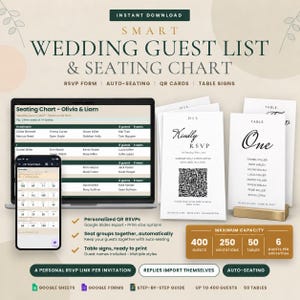 May include: A digital wedding guest list and seating chart template set featuring a laptop and smartphone displaying guest data, alongside printed RSVP cards with QR codes and table signs. Includes text for 400 guests, 250 invitations, and 50 tables.