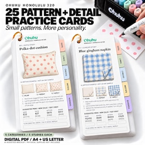May include: Two Ohuhu Honolulu 320 pattern and detail practice cards featuring instructional guides for drawing polka-dot cushions and blue gingham napkins. Each card includes step-by-step visual examples, color codes, and labeled tabs for dots, lines, checks, motifs, and borders.