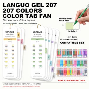 May include: A Languo Gel 207 color tab fan set featuring white cards with printed color swatches, reference codes, and tabs. The set includes 207 colors across 24 packs, with text indicating 8 x 4 mm swatches and a compatible set of 213 pens.