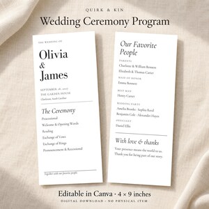 Peut inclure: Un modèle de programme de cérémonie de mariage blanc avec du texte noir. La partie gauche indique Olivia et James, la date du 18 septembre 2027 et le déroulement. La partie droite liste les parents, le cortège et des remerciements. Taille 10,16 x 22,86 cm.