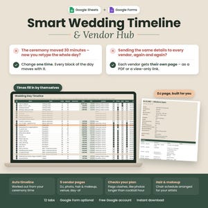 May include: A digital Smart Wedding Timeline and Vendor Hub template for Google Sheets and Google Forms. The interface displays a detailed wedding day schedule with columns for tasks, times, and locations, alongside a dedicated DJ page view.