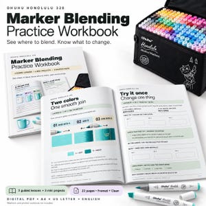 May include: Ohuhu Honolulu 320 Marker Blending Practice Workbook with instructional pages showing blending techniques, a black carrying case filled with 320 colored markers, and two white Ohuhu alcohol markers on a white surface.