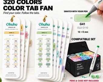 May include: Ohuhu Honolulu 320 color tab fan set with white cards featuring color swatches, labels, and tabs. Includes a black carrying case filled with markers, a green marker tip, and text detailing the 320 colors, digital PDF, and A4/US letter format.