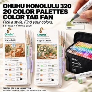 May include: Ohuhu Honolulu 320 color palette tab fan set featuring curated marker mood charts with color swatches and illustrations. Includes a black carrying case filled with alcohol markers and two individual markers with green tips.