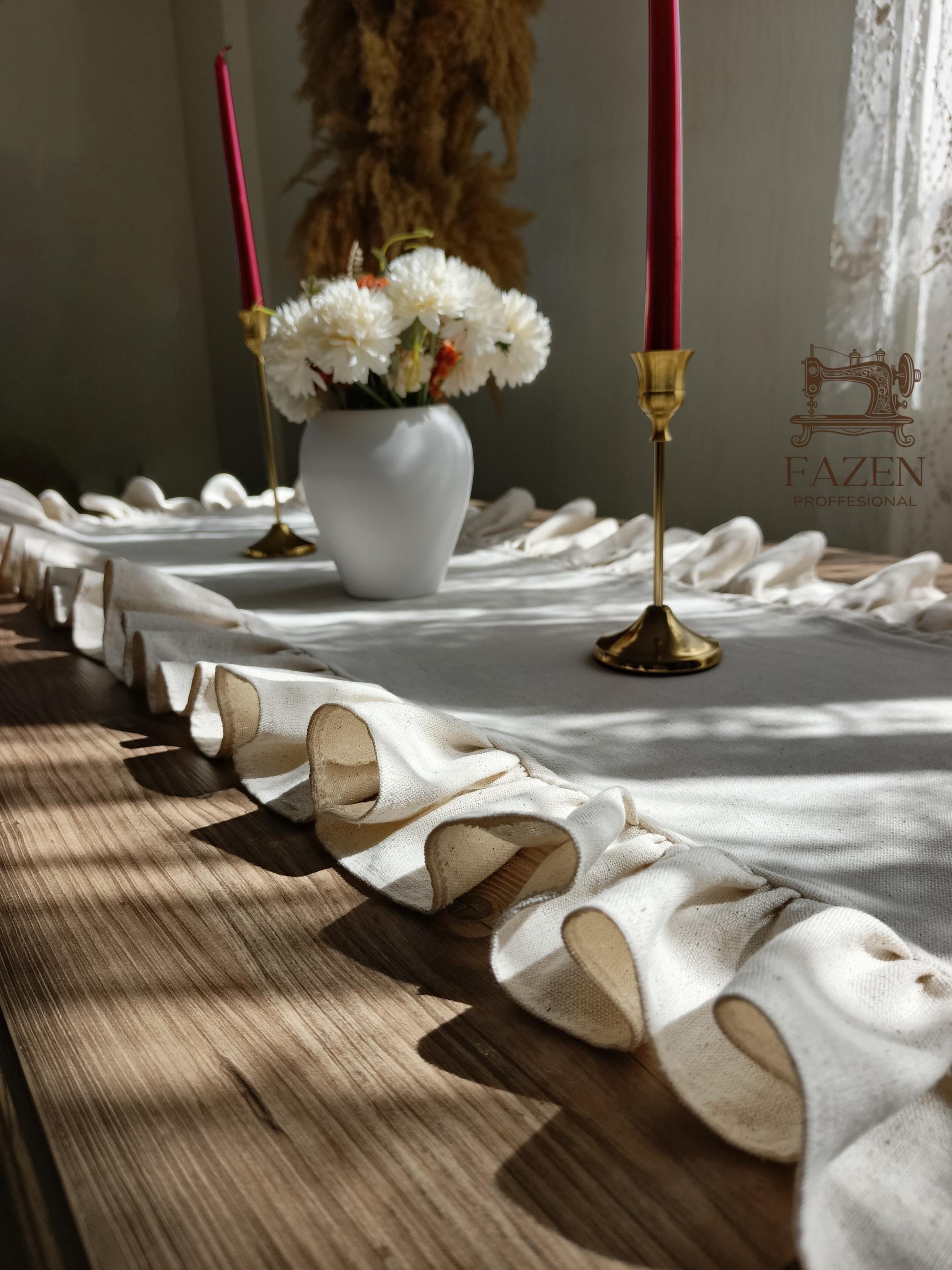 Linen Ruffle Table Runner Beige Linen Ruffle Table Runner | Handmade Rustic Farmhouse Decor ...