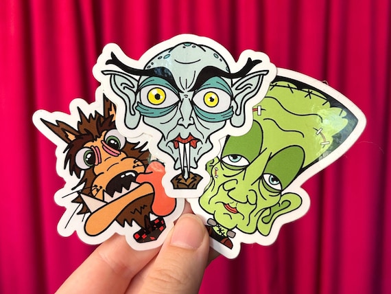 Creepy Cute Monster Stickers – Nosferatu, Frankenstein, Wolfman, 3-Pack