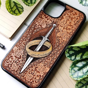 Sword and Ring - Handcrafted phone case wood with high-resolution laser engraving and hand-painted