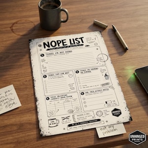 May include: A black and white "Nope List" notepad with various sections for listing tasks to avoid. The notepad is on a wooden desk with a coffee mug, pen, and smartphone. A sticky note says "not my problem".