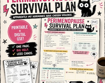 Printbaar werkblad 'Overlevingsplan voor de perimenopauze' | Grappige check-in over menopauzesymptomen en zelfzorg