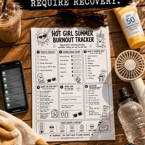 Puede incluir: Una hoja de papel blanca titulada Hot Girl Summer Burnout Tracker con texto e ilustraciones en negro que incluyen un sol, una bebida, un cactus y un flamenco. El rastreador presenta seis secciones para el registro diario, casillas y una escala.