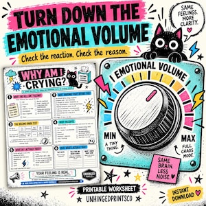 Op de afbeelding: Een printbaar werkblad getiteld Why Am I Crying met een stemmingsdecoder, een illustratie van een zwarte kat en een grote afbeelding van een emotionele volumeknop. Het ontwerp bevat tekst, selectievakjes en kleurrijke accenten.