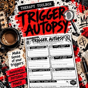 May include: A Therapy Toolbox Trigger Autopsy worksheet featuring six numbered sections for self-reflection. The document includes a magnifying glass icon, a black coffee mug, and a black pen, all set against a red, black, and white graphic background.