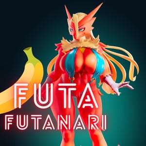 Puede incluir: Una vibrante obra de arte digital que presenta una figura femenina estilizada con tonos rojos y naranjas. La figura lleva un bikini azul y se encuentra sobre una base colorida. Las palabras "FUTA" y "FUTANARI" se muestran en texto neón.
