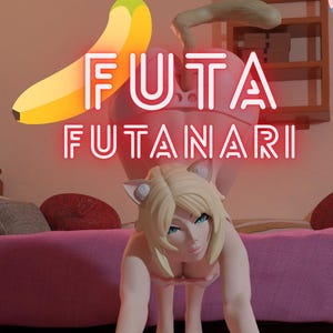 Könnte beinhalten: Digitale Illustration eines blonden Anime-Charakters mit Katzenohren in einer anzüglichen Pose. Das Bild enthält den Text "FUTA FUTANARI" in einem Neon-Stil-Schriftzug sowie eine Banane.