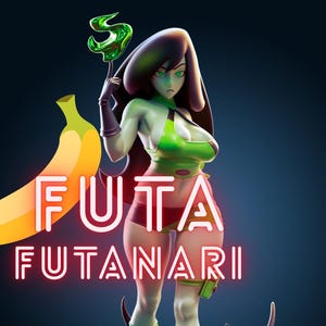 Op de afbeelding: Digitale kunstafbeelding van een vrouwelijk anime-achtig personage met een groene huid, gekleed in een groen topje en rode shorts. De tekst "FUTA FUTANARI" wordt weergegeven in een neon-stijl lettertype. Een banaan en een groen object zijn ook aanwezig.