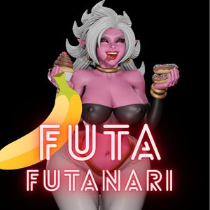 May include: A 3D rendered figure of a pink-skinned character with white hair, holding a cupcake and a donut. The figure is posed on a chocolate donut with colorful sprinkles. The word "FUTA FUTANARI" is written in neon.