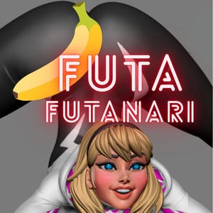 May include: A digital illustration featuring a stylized banana and the text "FUTA FUTANARI" in a neon-style font. The image includes a character with blonde hair and blue eyes, wearing a white and pink outfit.