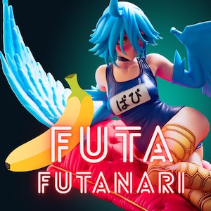 May include: A digital art piece featuring a character with blue hair and wings, wearing a blue swimsuit. A yellow banana and the word "FUTA FUTANARI" are also visible. The character is posed on a red pillow.